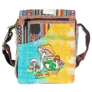 NWT Hemp Small Messenger with Mushroom Frog Front Open Pocket 2 Zipper Pockets